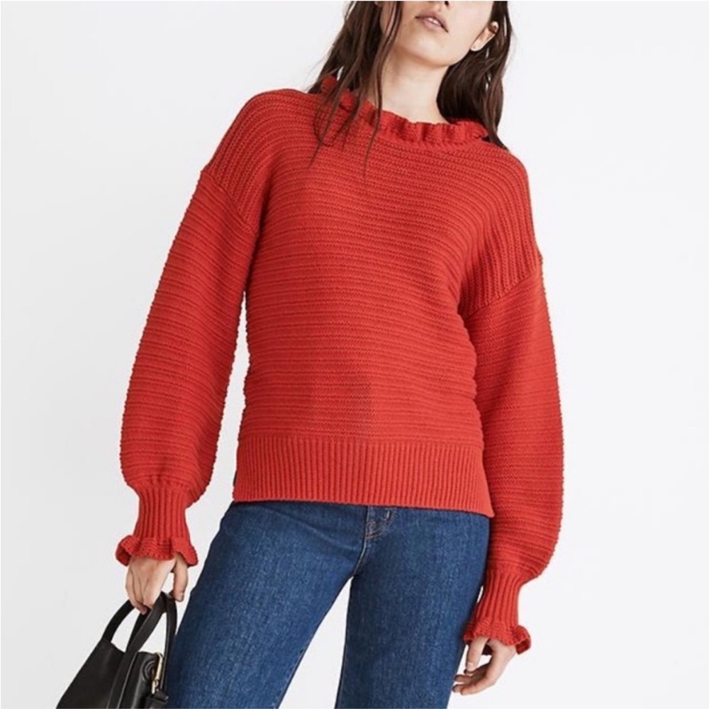 Madewell Ruffle-Neck Pullover Sweater in Cotton-Merino Yarn in Red